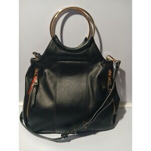 INC International Concepts Black Faux Leather Shoulder Bag Gold Ring Handles